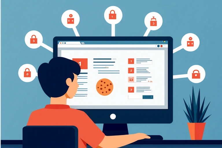 Person am Computer, die Cookie-Einstellungen verwaltet, mit Symbolen für Datenschutzeinstellungen